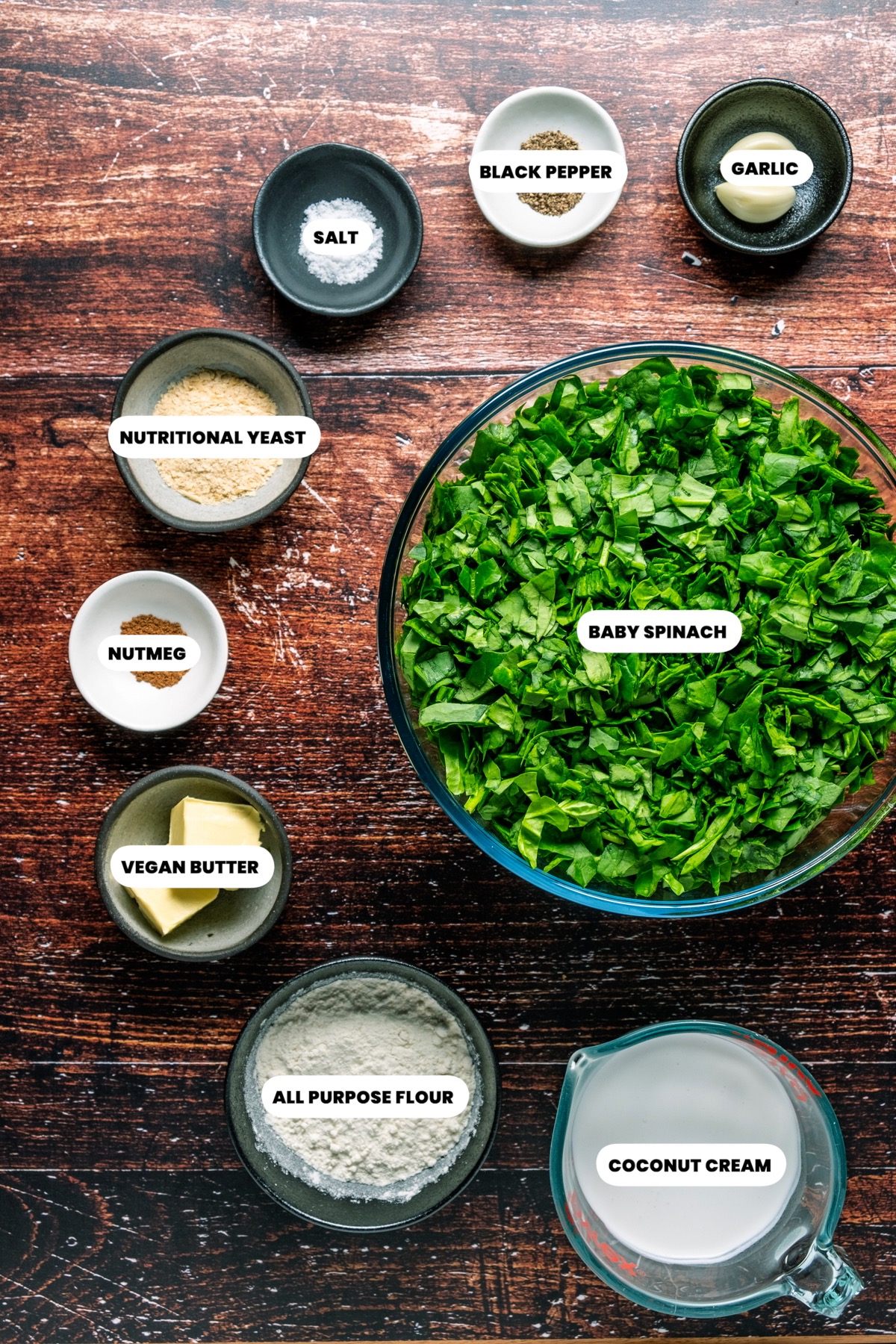 Ingredients for vegan creamed spinach.