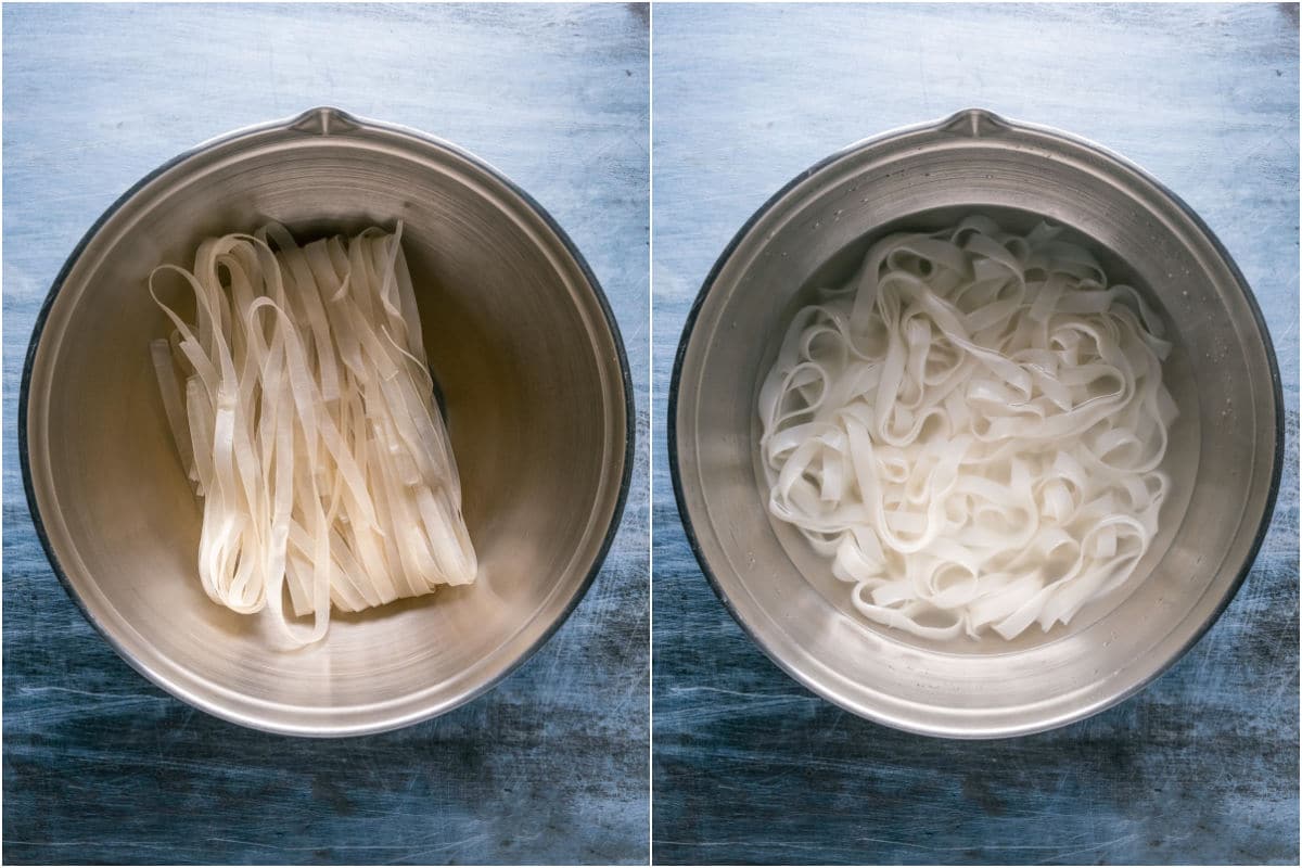 Rice noodles topped with boiling water in a bowl.