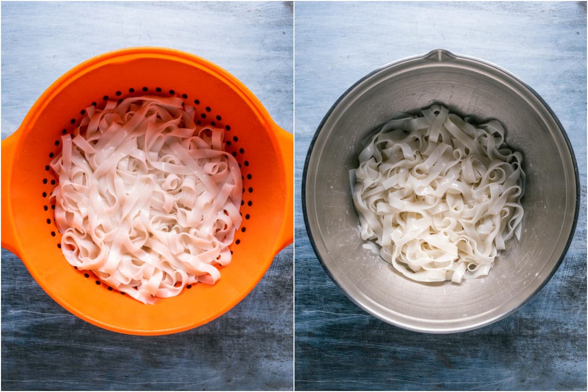 Draining rice noodles in a colander and then tossed with sesame oil in a bowl.