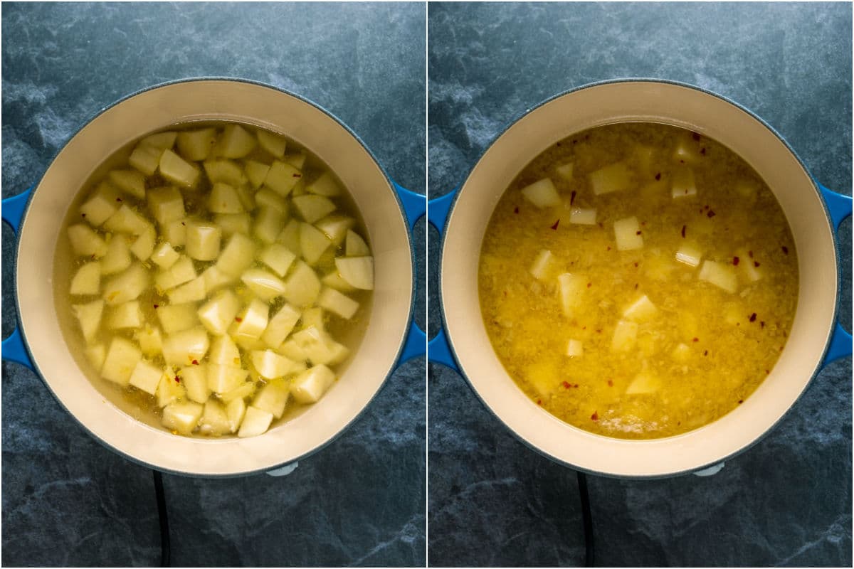 Peeled and chopped potatoes and vegetable stock added to pot and simmered until cooked.