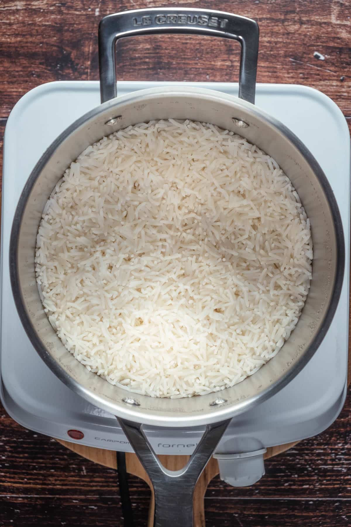 Cooked basmati rice in a pot.