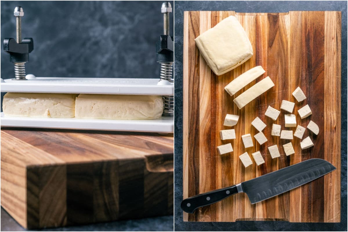 Tofu pressing and then cut into cubes.