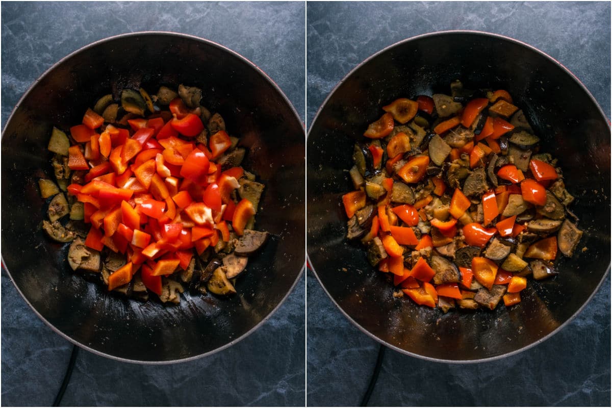 Sliced bell peppers added to wok and stir fried.