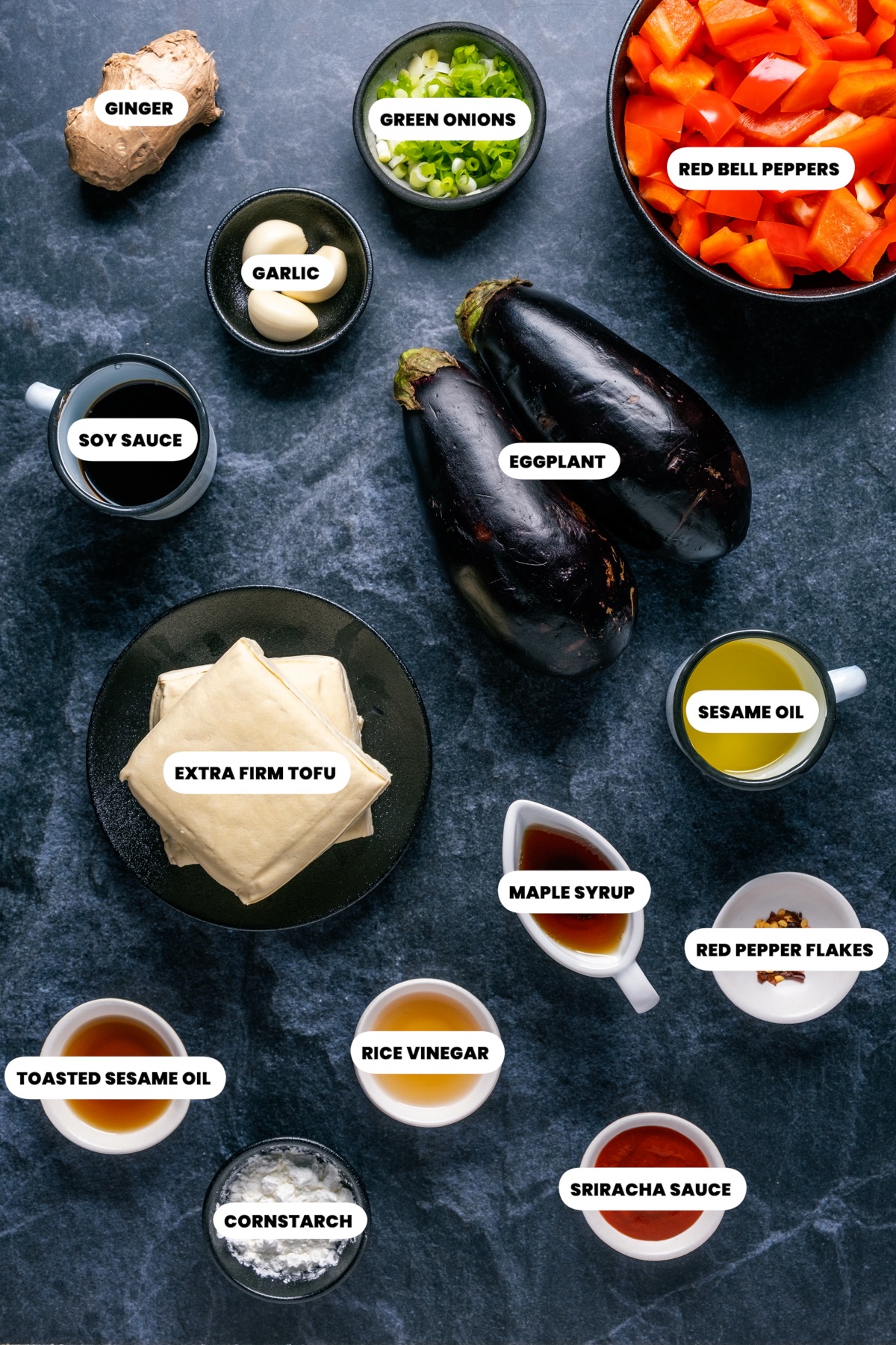 Ingredients for eggplant tofu stir fry.