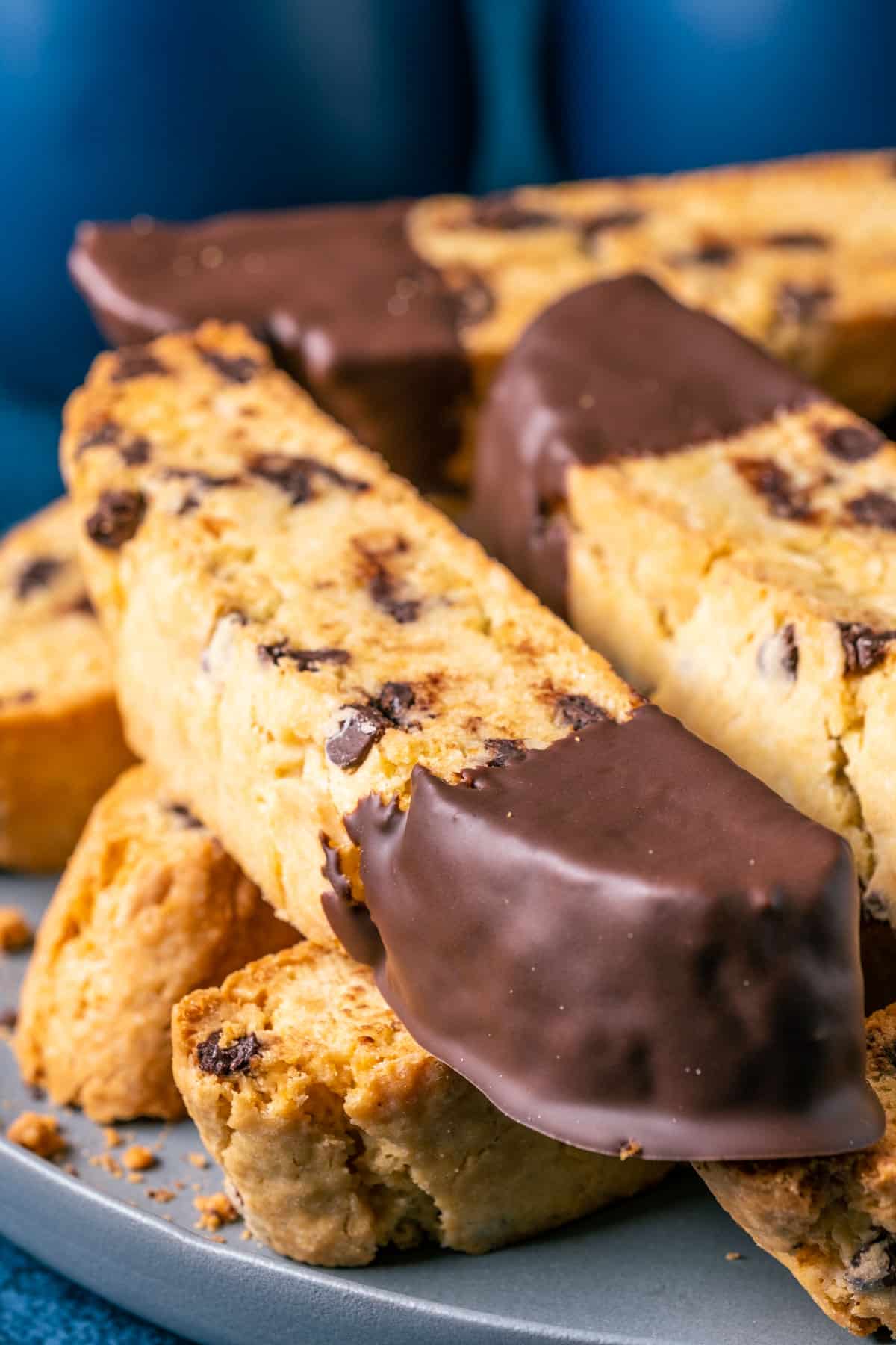 Biscotti stacked up on a plate. 