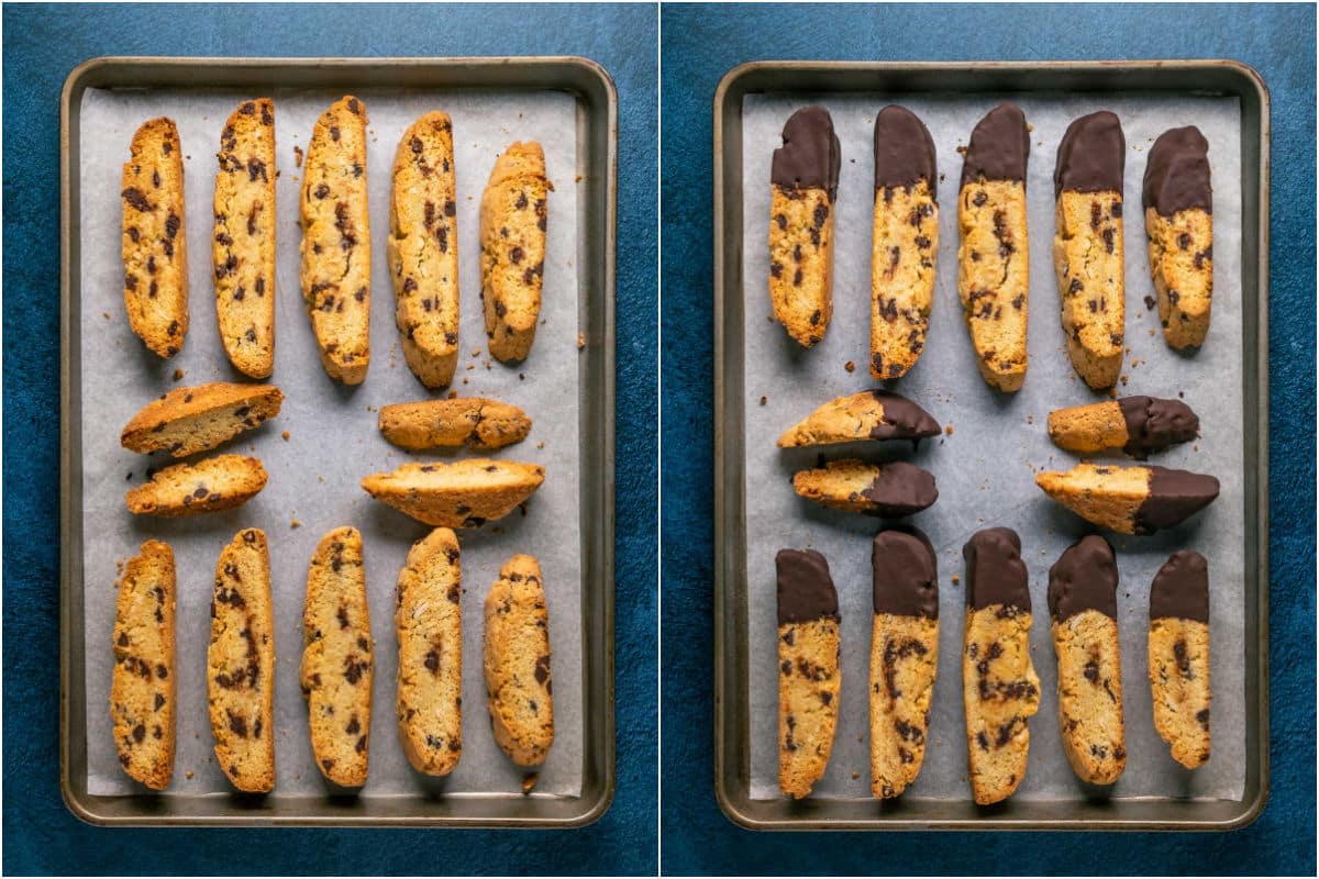 Baked biscotti on a parchment lined baking sheet and then dipped in chocolate.
