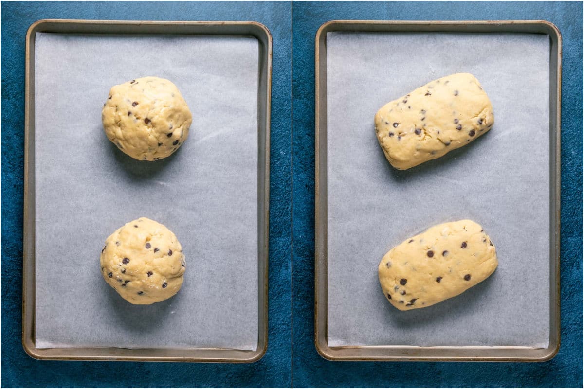 Biscotti dough divided into two and formed into loaf shapes on a parchment lined baking sheet.