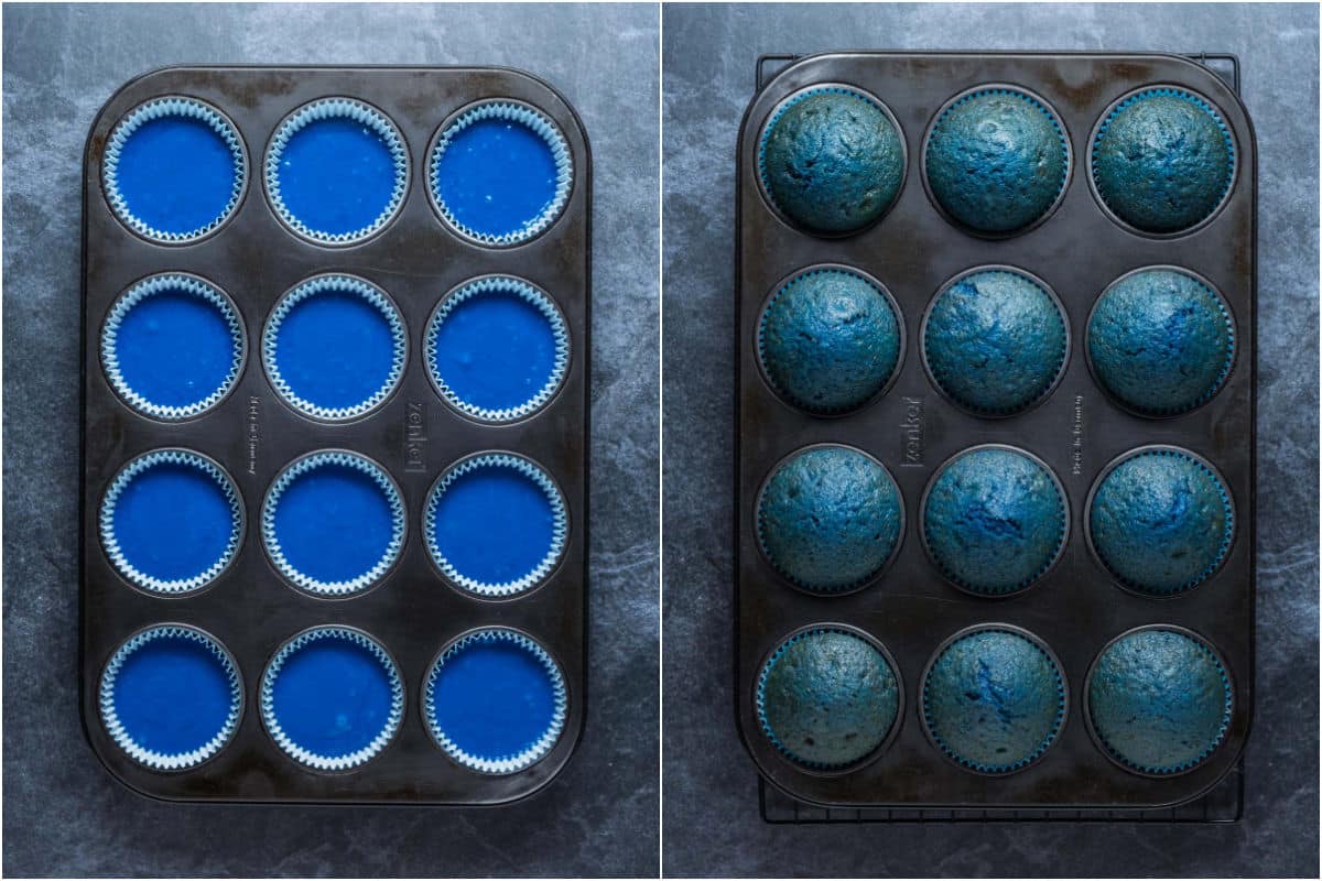 Blue velvet cupcakes in a cupcake tray before and after baking.