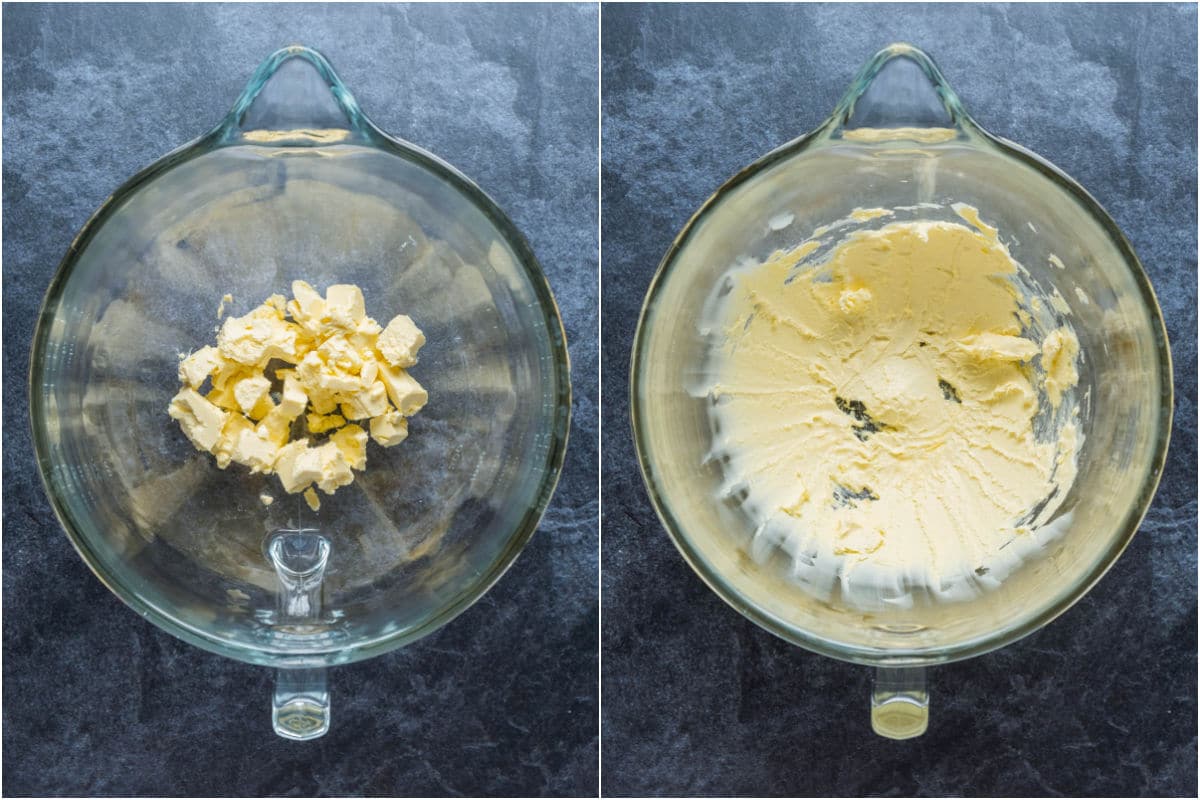 Vegan butter added to stand mixer and beaten until softened.