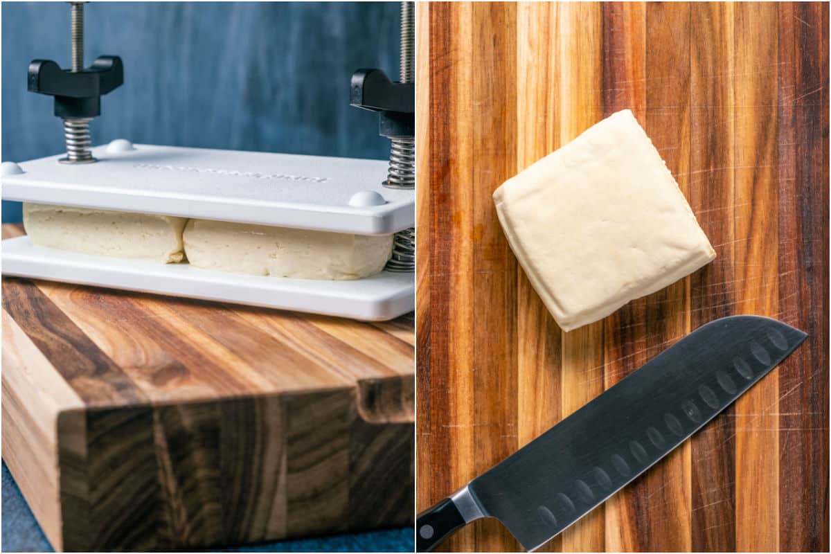 Tofu in a tofu press and then on a wooden cutting board.