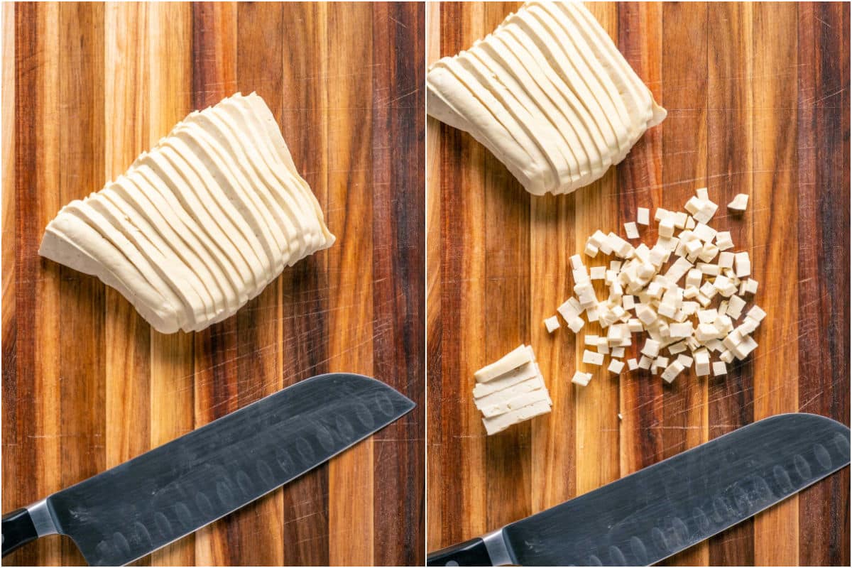 Cutting tofu into strips and then dicing it on a wooden cutting board.