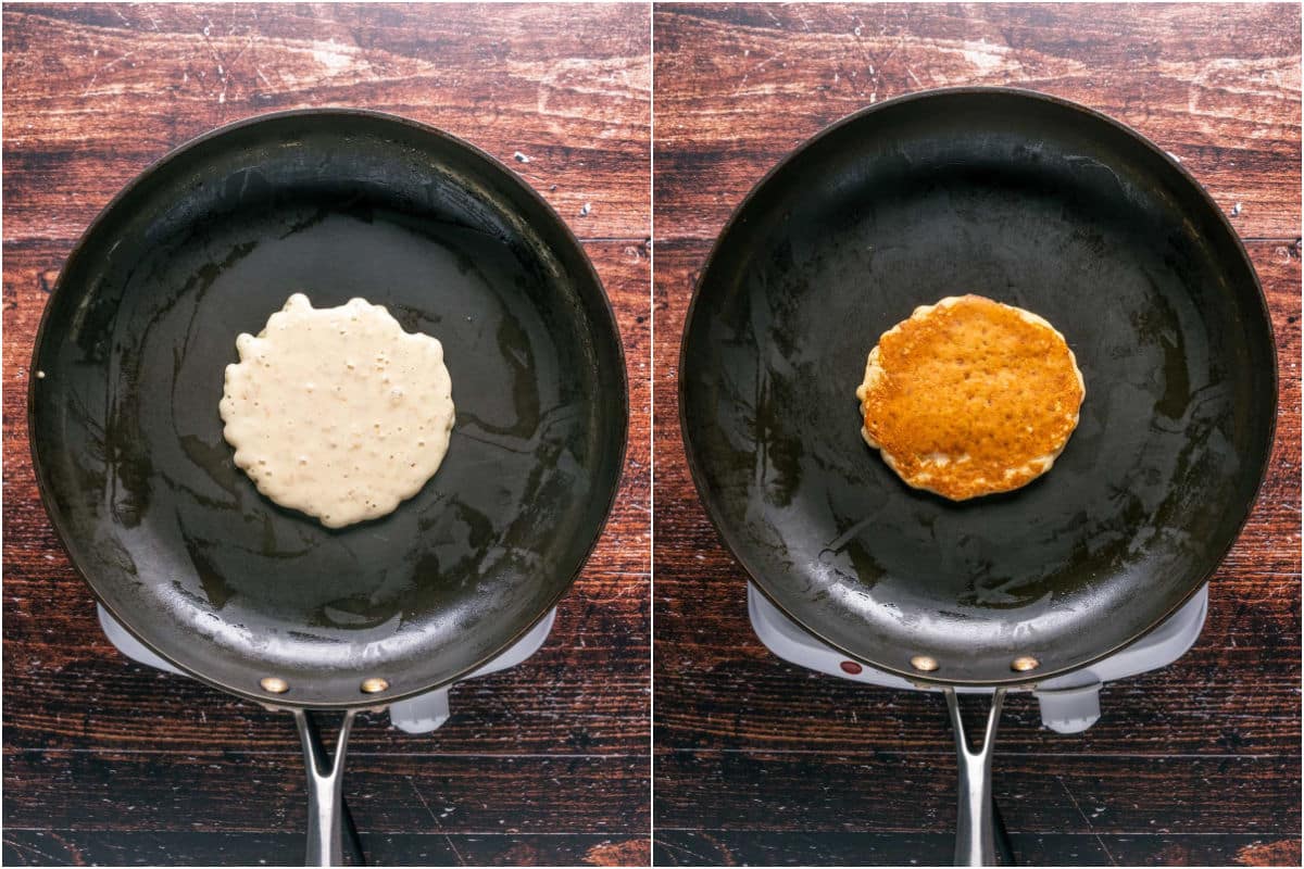 Pancake cooking in a frying pan and then flipped.