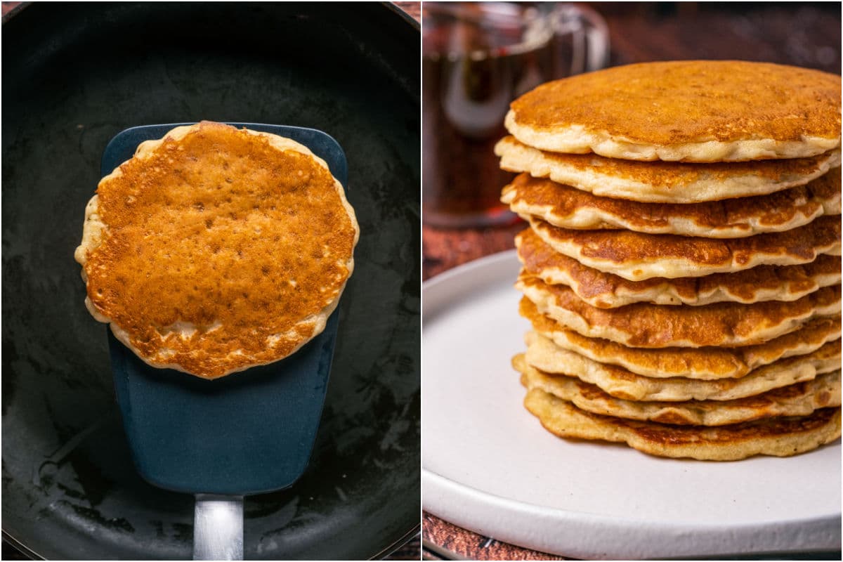 Cooked pancake on a spatula and then a stack of pancakes on a white plate.