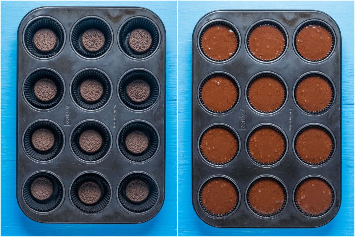 Two photo collage showing oreos placed in cupcake liners and then cupcake batter on top.