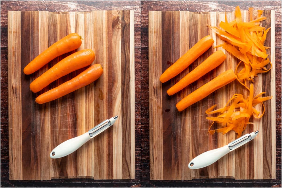 Peeling and shaping carrots on a wooden cutting board.