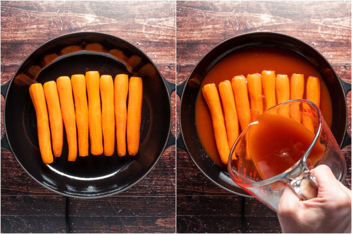 Carrots in a skillet with sauce.