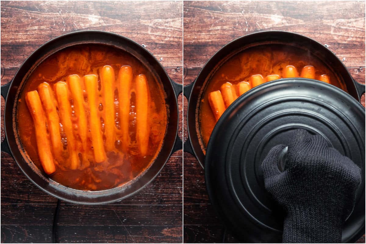 Carrots cooking in sauce in a skillet.