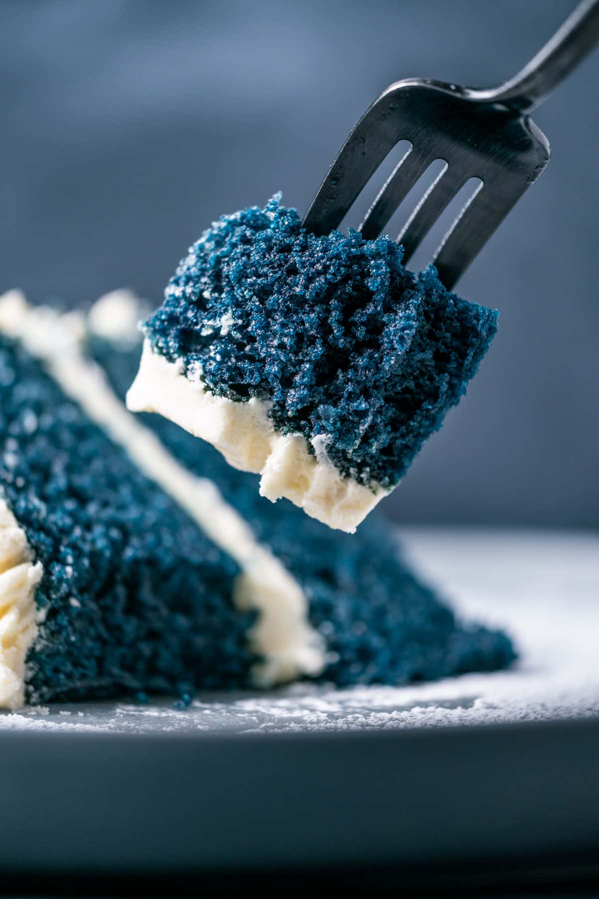 Forkful of blue velvet cake.