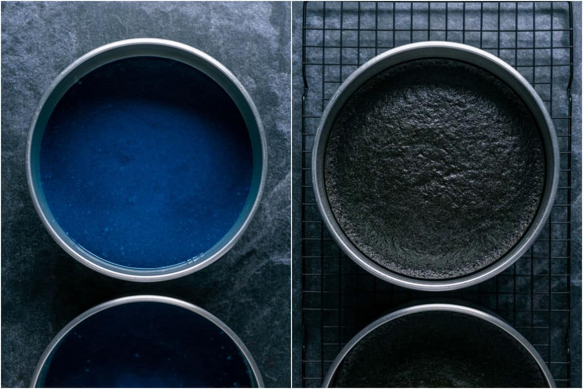 Blue velvet cake in 8 inch cake pans before and after baking.