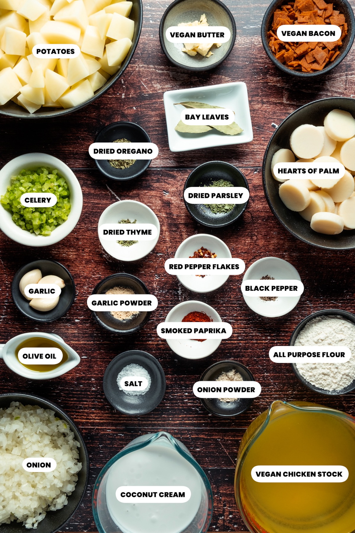 Ingredients for vegan clam chowder.