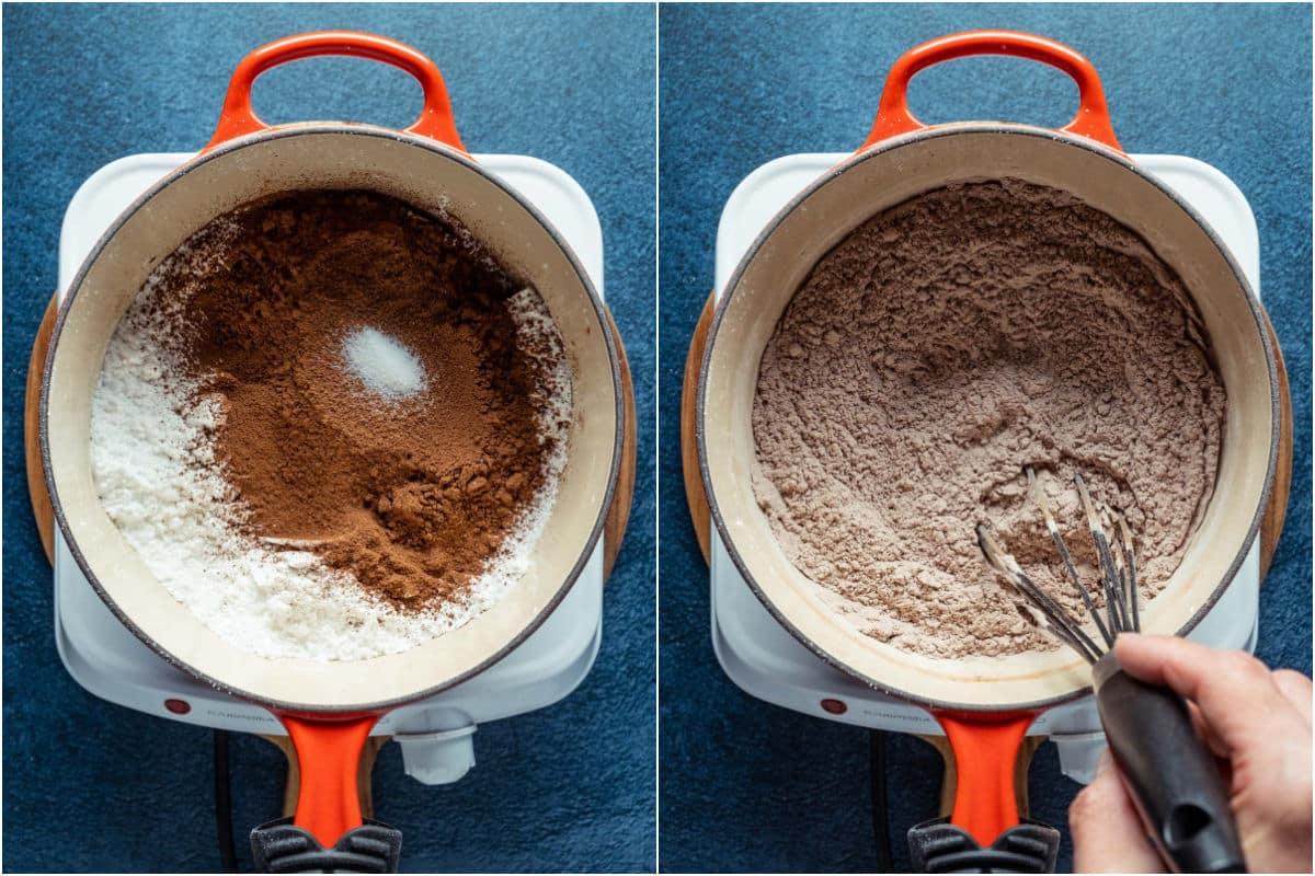 Powdered sugar, cocoa powder and salt sifted into pot and whisked together.