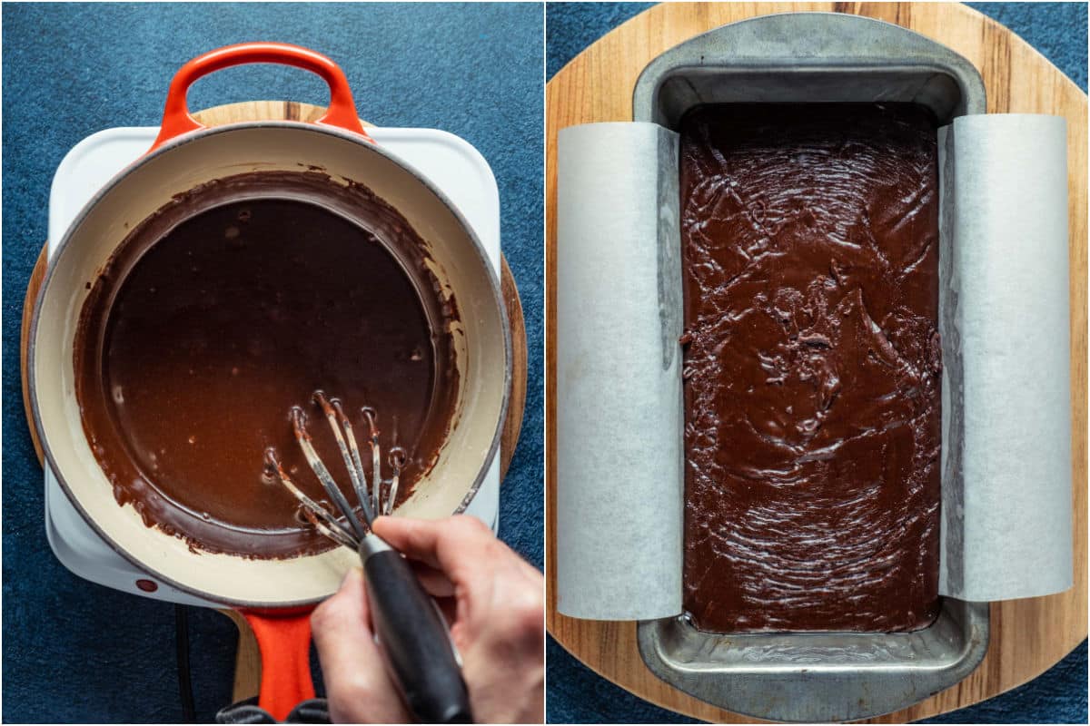 Melted chocolate fudge in a pot and then transferred to a parchment lined loaf pan.