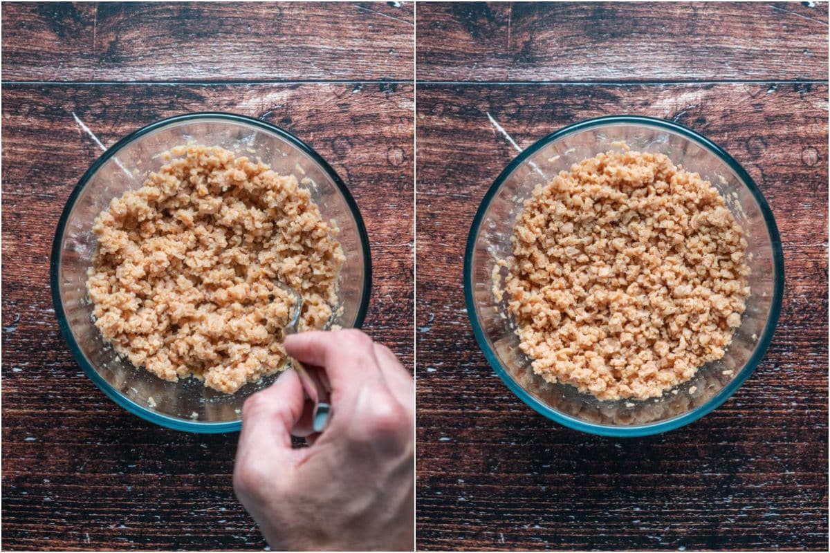 Fluffing textured vegetable protein and hot water with a fork and then letting it rest.