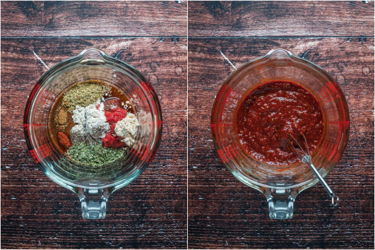 Spices and tomato paste added to measuring jug and mixed together.