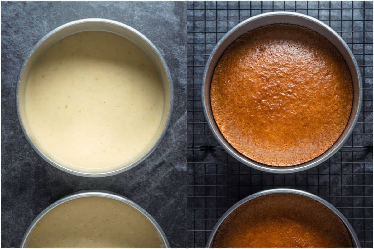 Key lime cake in cake pans before and after baking.