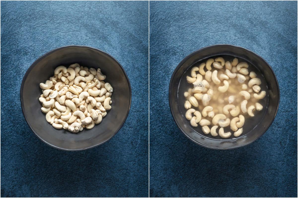 Raw cashews added to a bowl and then submerged in hot water.