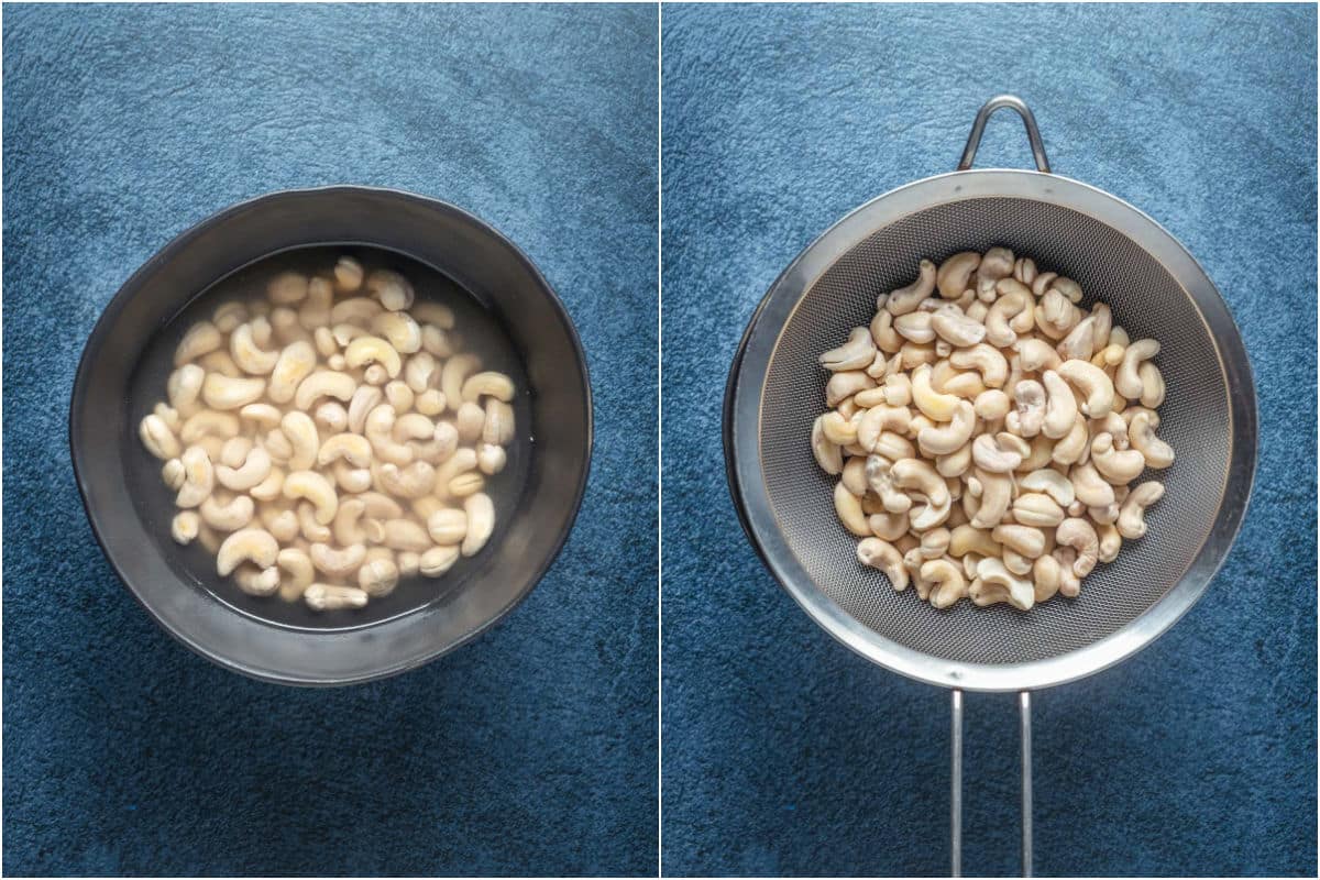 Cashews soaking in a bowl and then draining in a sieve.