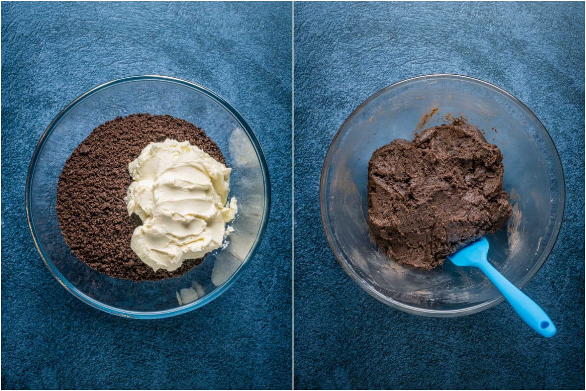 Oreo cookie crumbs and vegan cream cheese added to mixing bowl and mixed together.