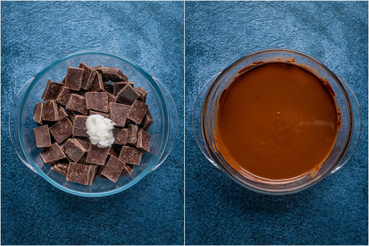 Vegan chocolate and coconut oil added to microwave safe bowl and melted.