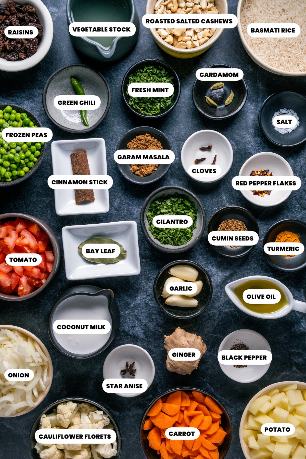 Ingredients for vegan biryani.