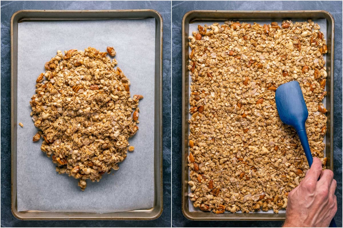 Granola mix placed onto parchment lined dish and spread out.