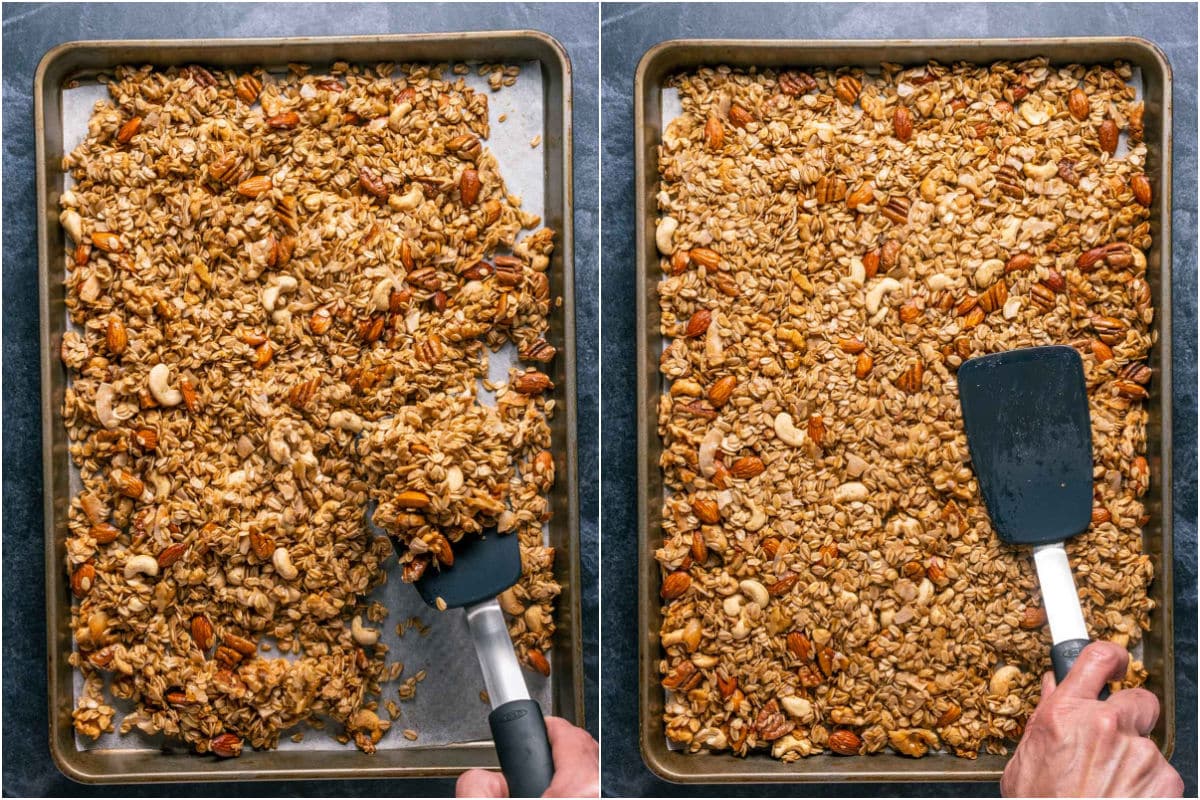 Stirring granola on a baking sheet and then spreading out to bake again.