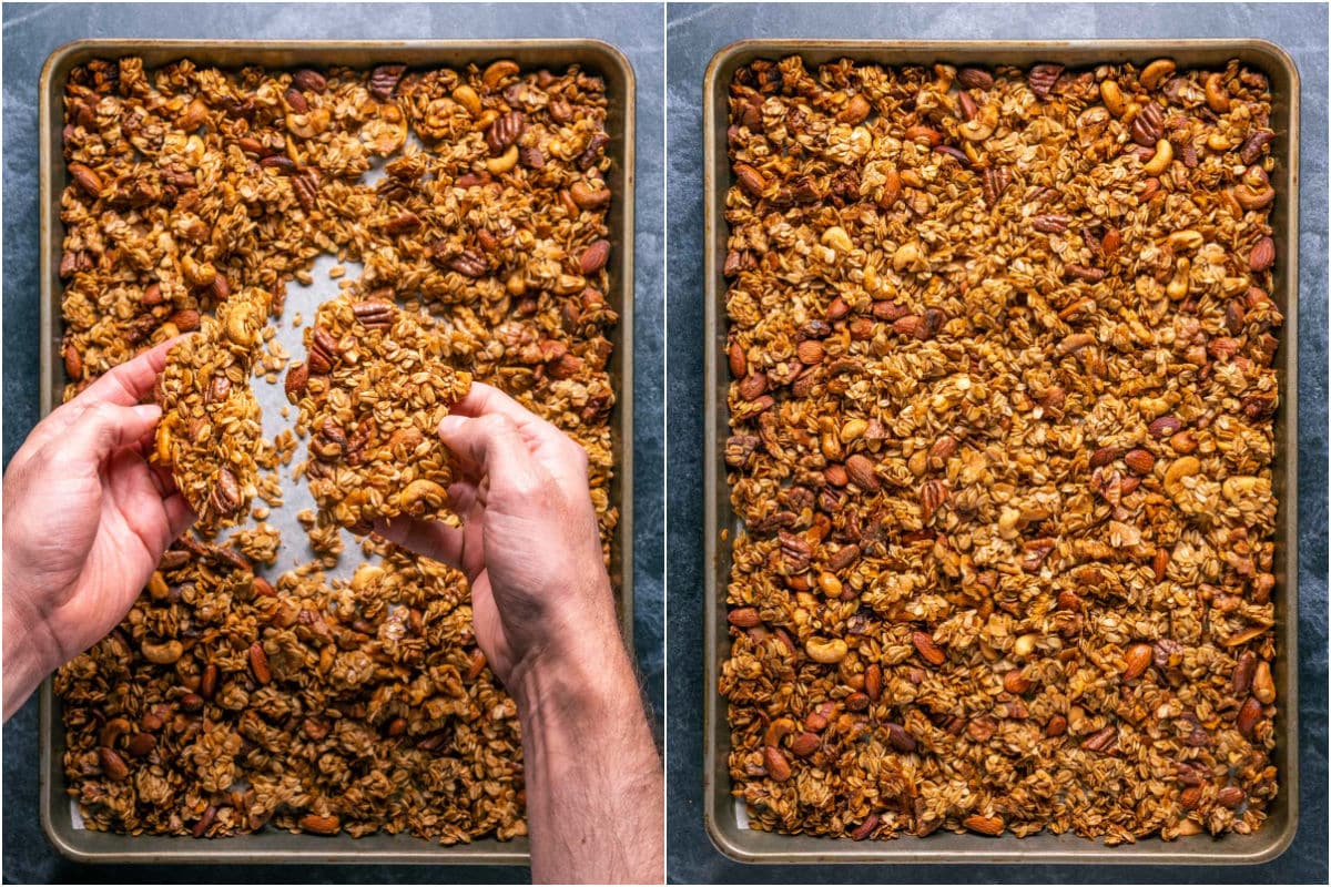 Breaking baked granola up by hand.