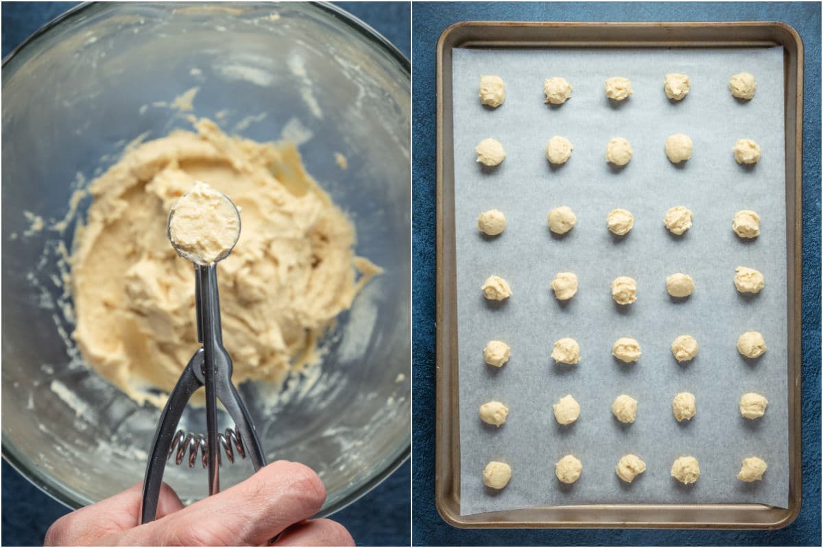 Scooping cookie dough with a cookie scoop and placing them onto a parchment lined baking sheet.