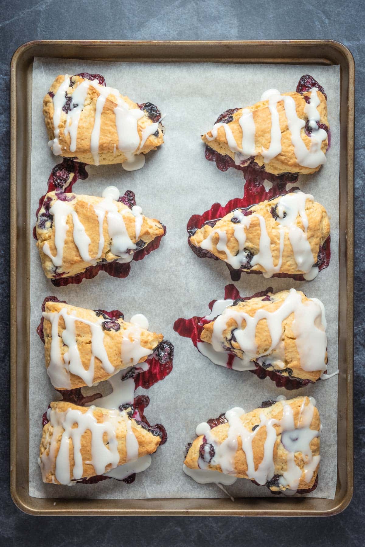 Glazed vegan blueberry scones on a parchment lined baking sheet.