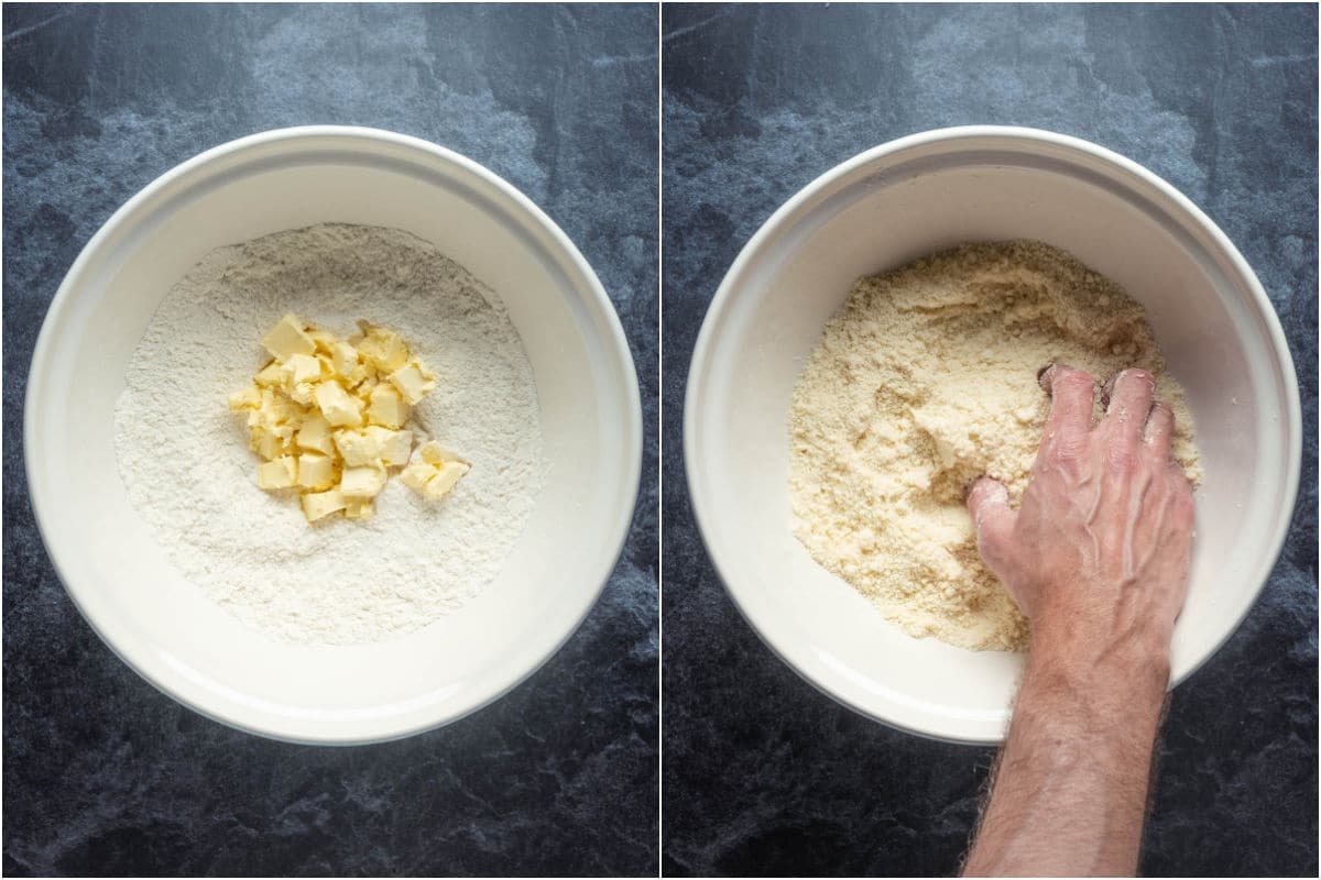 Vegan butter added to mixing bowl and mixed in until crumbly.
