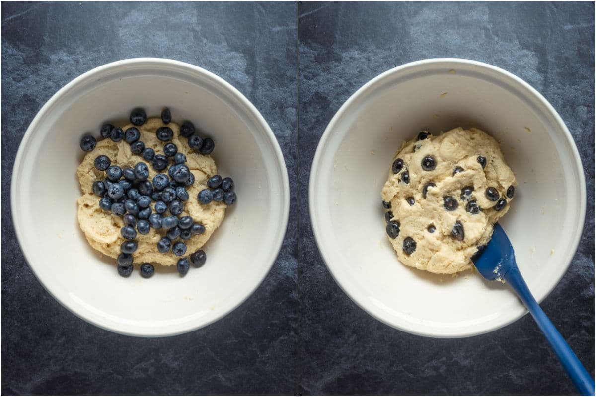 Blueberries added to mixing bowl and folded in.