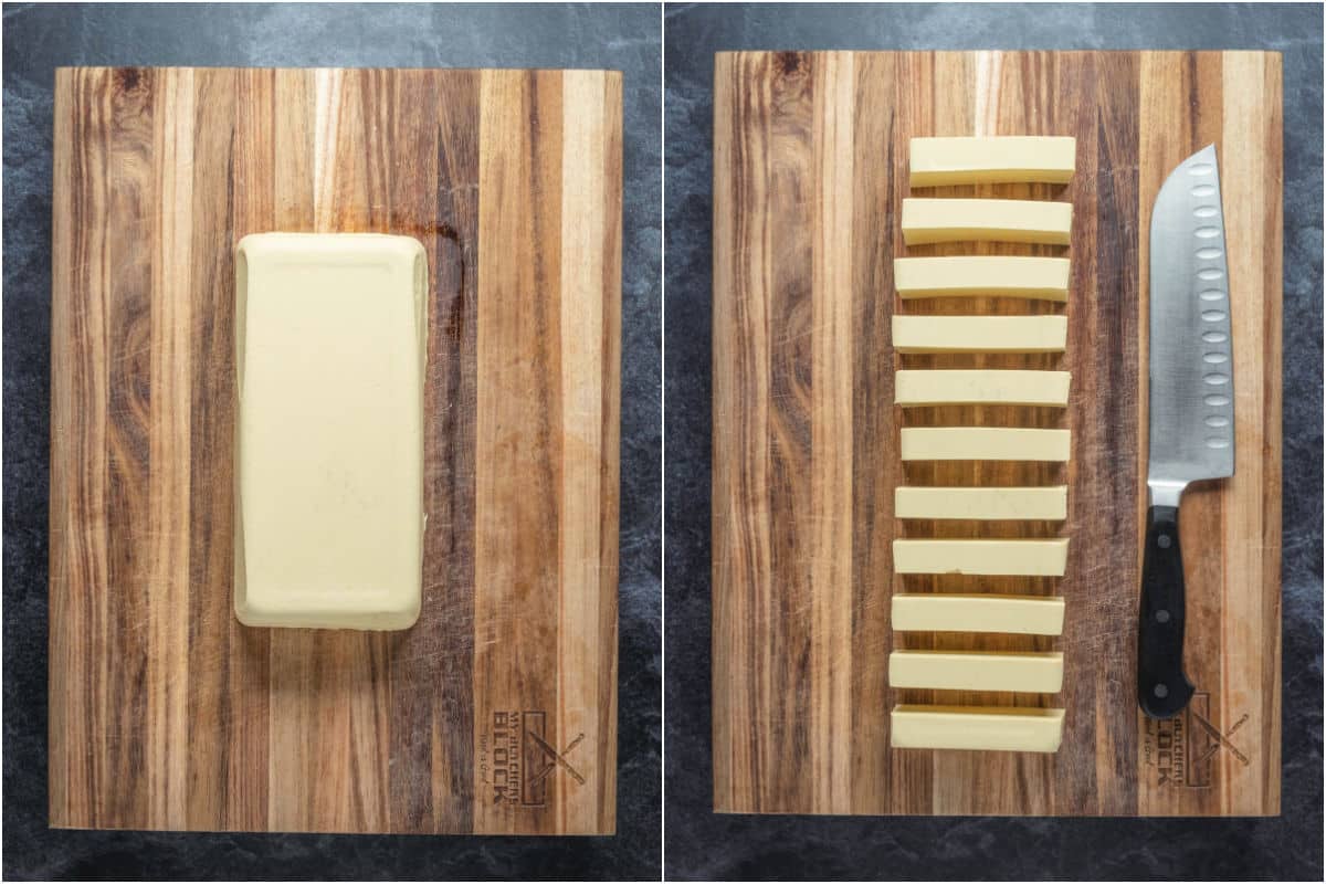 Vegan halloumi on a wooden board and then cut into strips.