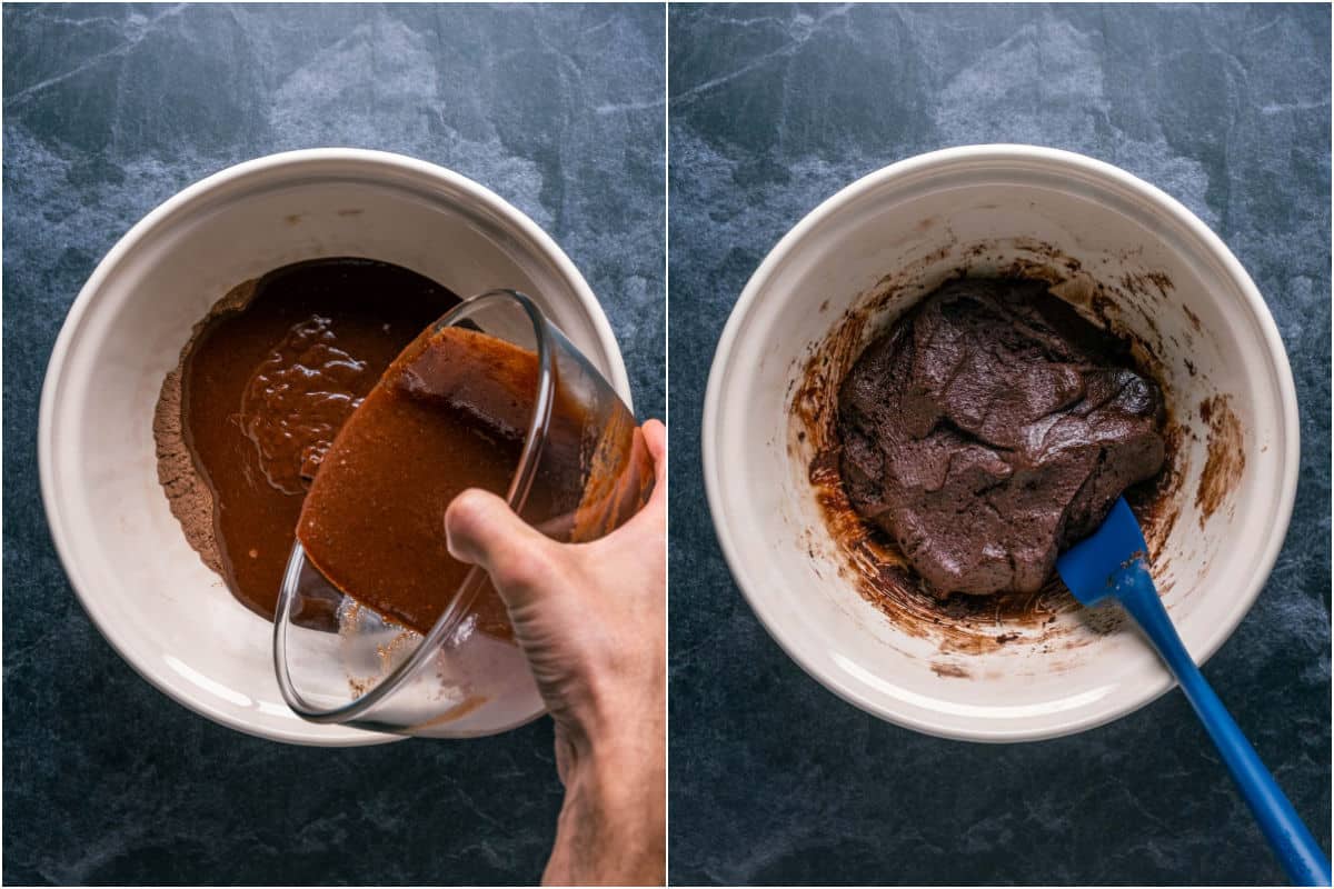 Wet ingredients added to dry and mixed into a brownie batter.