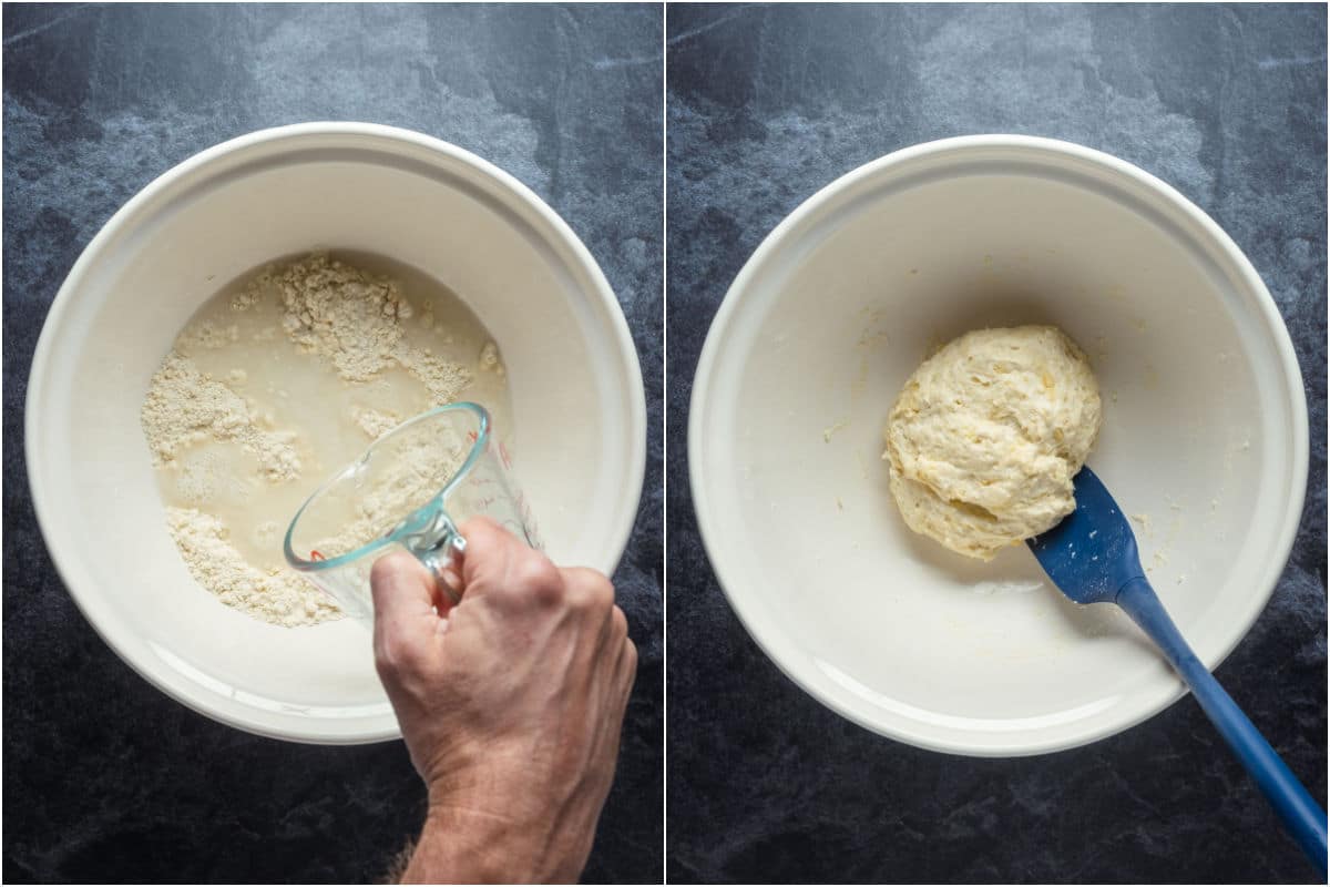 Adding salted water to mixing bowl and mixing into a ball of dough.