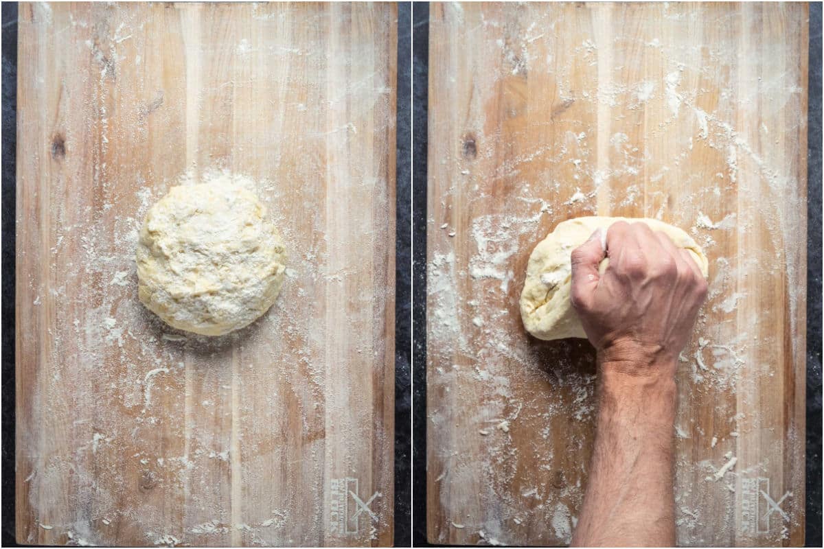 Kneading dough on a flour dusted surface.