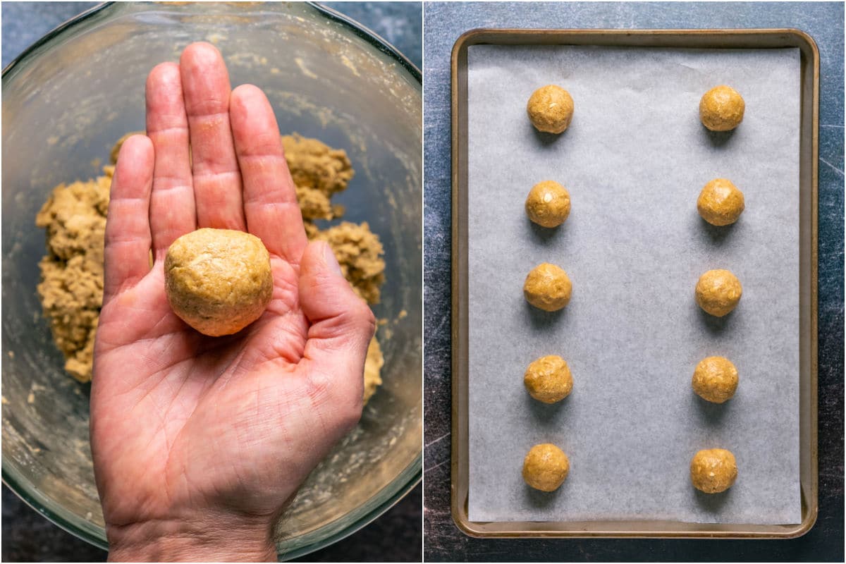 Cookie dough is rolled into balls and placed on a parchment lined baking sheet.