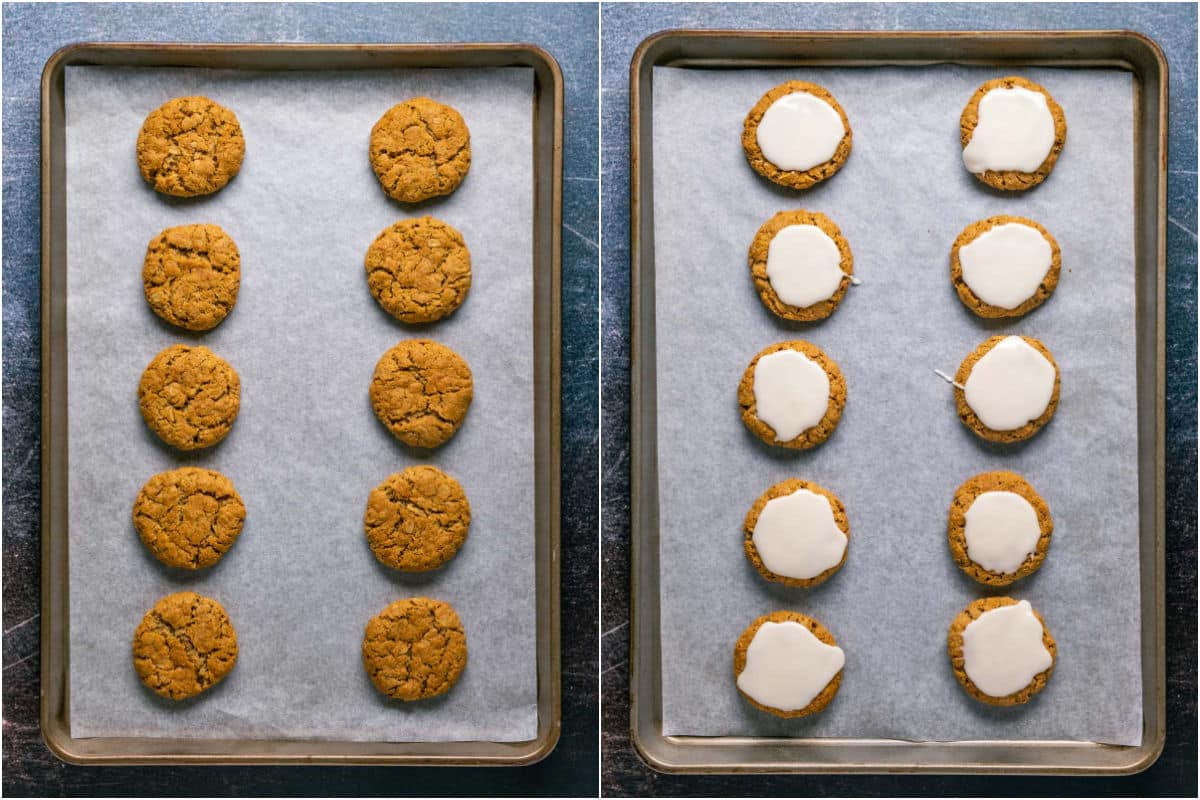 Kekse werden auf einem Blech gebacken und anschließend glasiert.