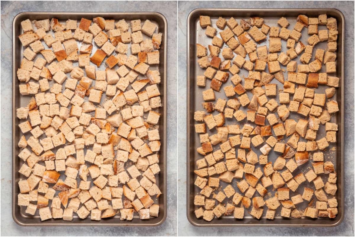 Cubes of bread on a baking tray and baked.