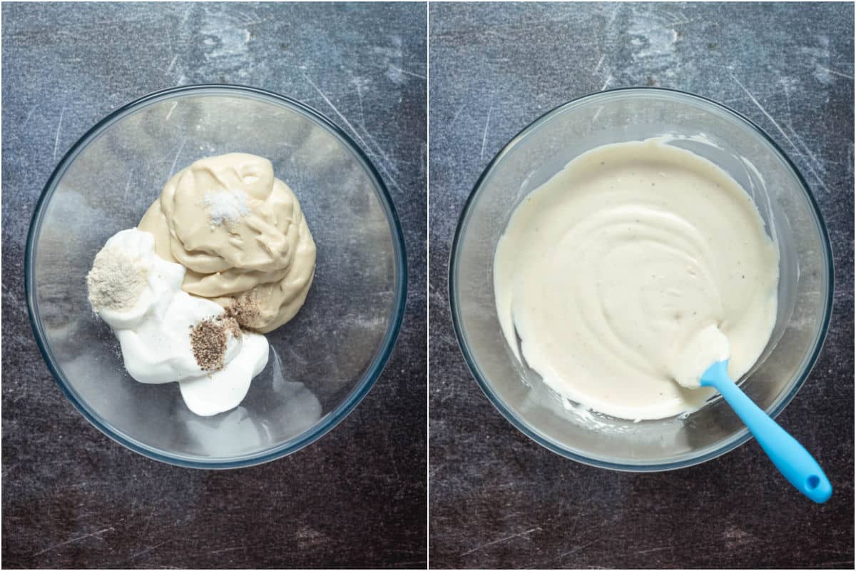 Cashew sour cream, vegan mayonnaise, onion powder, sea salt and ground black pepper added to mixing bowl and mixed.
