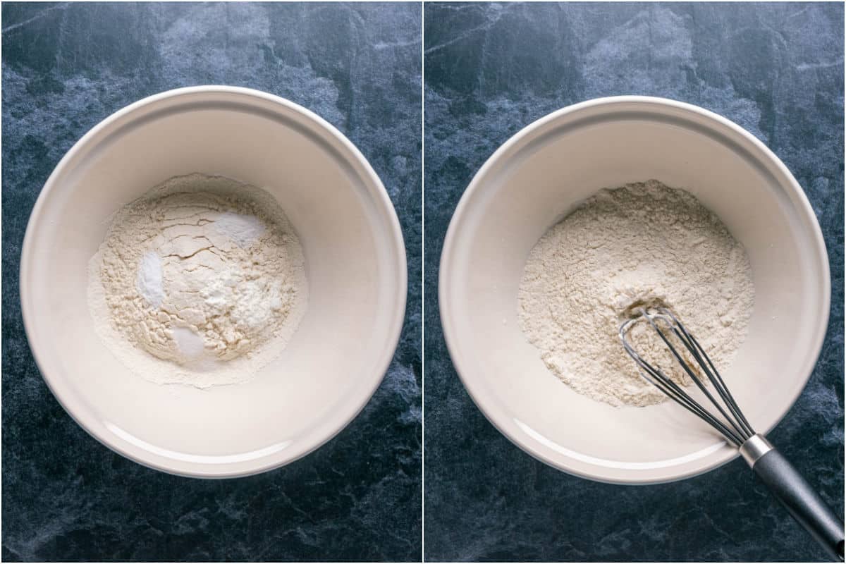 Dry ingredients added to mixing bowl and mixed.
